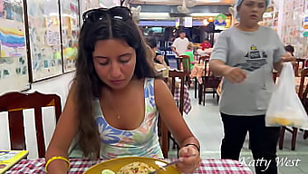 Katty Indulges In A Meal At An Asian Eatery While Exposing Herself To The Public Without Any Underwear